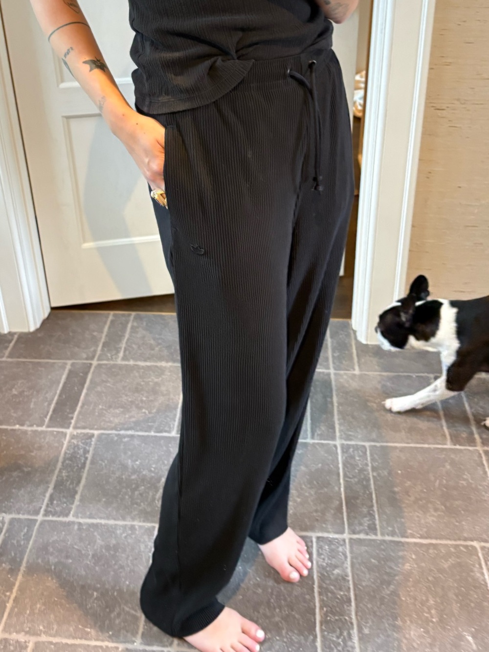 adidas Black Wide Leg Ribbed Drawstring Pants